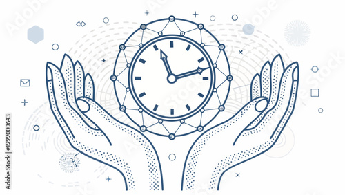 Hands holding a clock with network connections and symbols around it