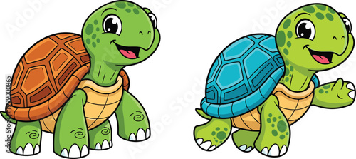 Cute cartoon turtles set smiling tortoise characters vector illustration adorable reptile animals for kids design and children themes