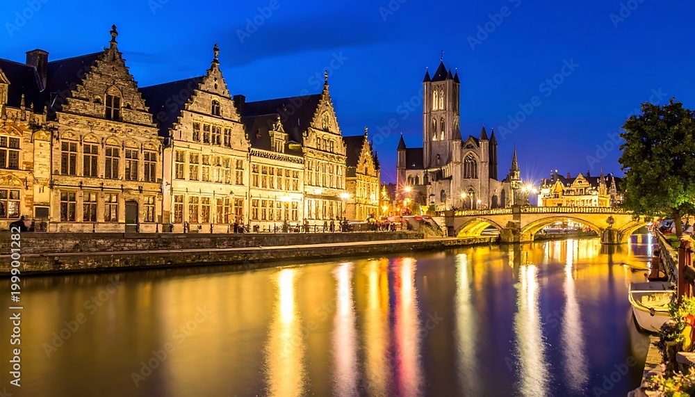 Fototapeta premium Gothic buildings along a river at night.