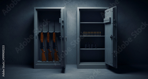 Open metal gun safes standing against a concrete wall. Rifles, ammunition, and binoculars are stored securely inside. Gun safety and storage concept, ideal for hunting and security marketing.