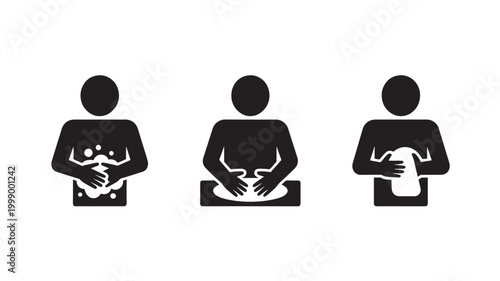 Stomach Pain Silhouette Icons – Abdominal Discomfort, Illness Symptoms and Medical Health Concept Set