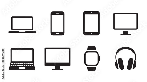 Electronic Devices Icons Set – Laptop Smartphone Monitor Smartwatch Headphones Minimal Tech Silhouette Collection