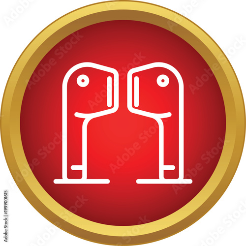 Two white access control turnstiles inside a red circular icon with golden border