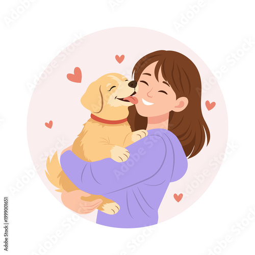Woman hugs cute dog. Relaxing Friendship of person and pet with hearts isolated on white background, vector illustration
