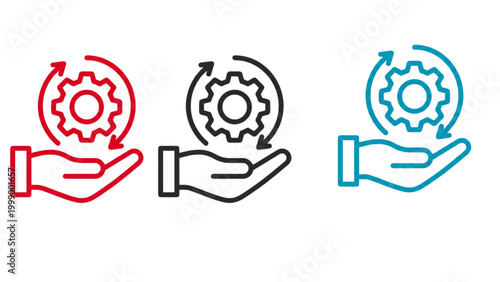 Colorful icons of hands holding gears with circular arrows