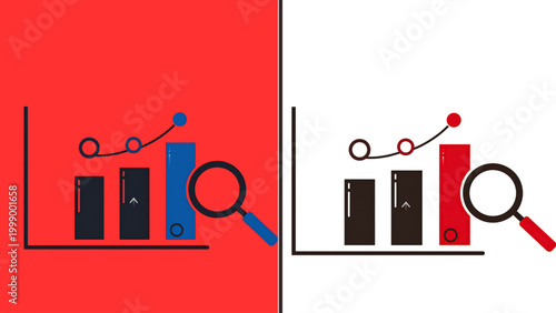 Business infographic with magnifying glass on bar charts and graphs