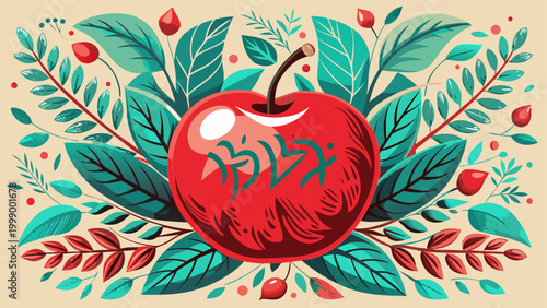 Vibrant red strawberry with green leaves and floral pattern