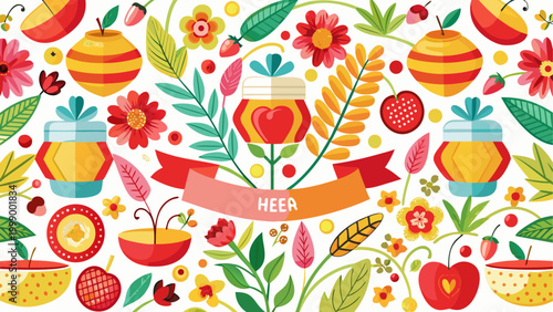 Colorful tropical fruit pattern with pineapples and citrus slices