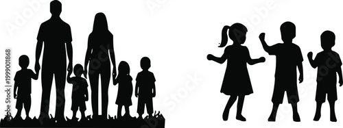 Silhouette family with parents and children standing together on grass, group of kids playing outdoors social interaction