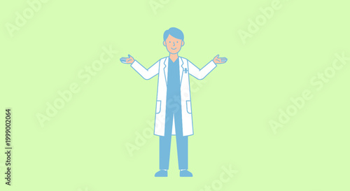 Doctor with open arms, confused or welcoming gesture, light blue and white illustration on green background
