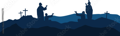 Ascension Day of Jesus Silhouette with Disciples, Followers Praying on The Mountain Looking Up. Vector Isolated