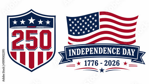 United states 250th anniversary independence day celebration emblem and american flag