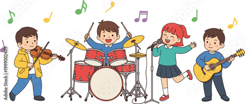 Cute children music band playing violin drums microphone and guitar in colorful cartoon vector illustration