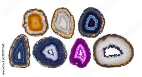 colorful natural agate slices with concentric patterns and translucent layers on white background