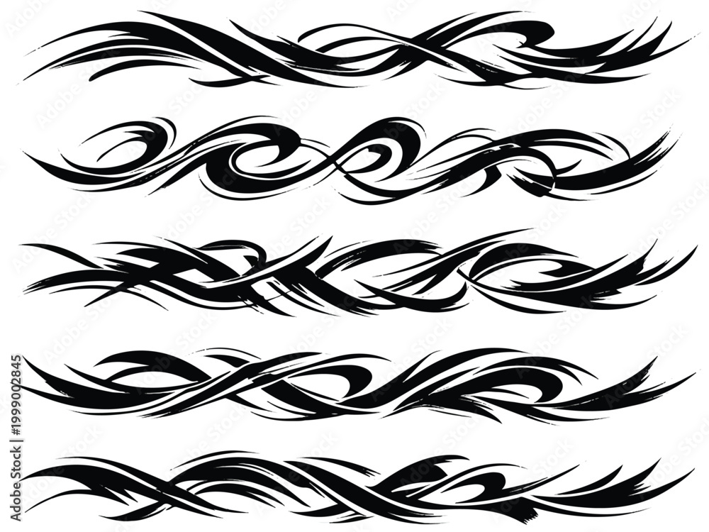 Fototapeta premium Print Expressive Calligraphic Line Pattern Strips, Fluid Brush Stroke Texture, Dynamic Pressure and Tapered Edges, Gestural Motion Lines, Black Ink on White Background, Clean Modern Vector Set