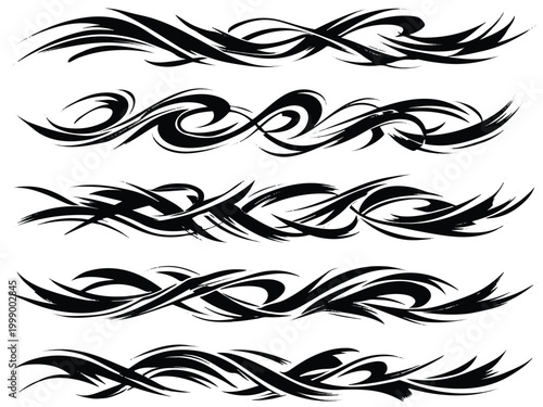 Print  Expressive Calligraphic Line Pattern Strips, Fluid Brush Stroke Texture, Dynamic Pressure and Tapered Edges, Gestural Motion Lines, Black Ink on White Background, Clean Modern Vector Set