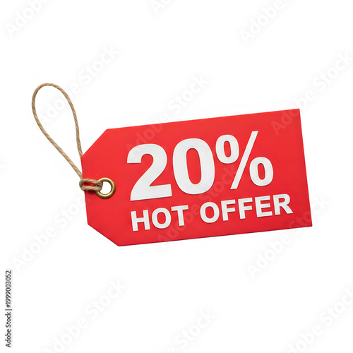Red sale tag with 20 percent hot offer text isolated on white