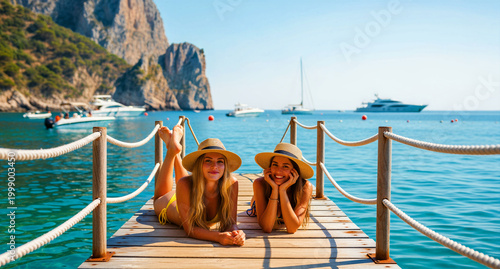 Two women in straw hats lying on a wooden pier by the sea. Friends relaxing on a sun-drenched dock with boats and cliffs. Summer vacation and luxury travel concept for tourism marketing.