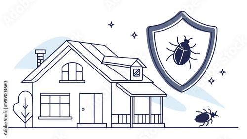 Home protection concept with house and shield icon protecting from insects illustrating pest control safety and property security in clean line style