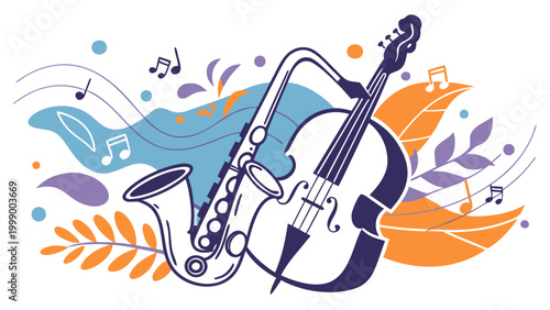 Modern jazz music illustration with saxophone violin and abstract shapes in blue and orange expressing creativity rhythm and sound