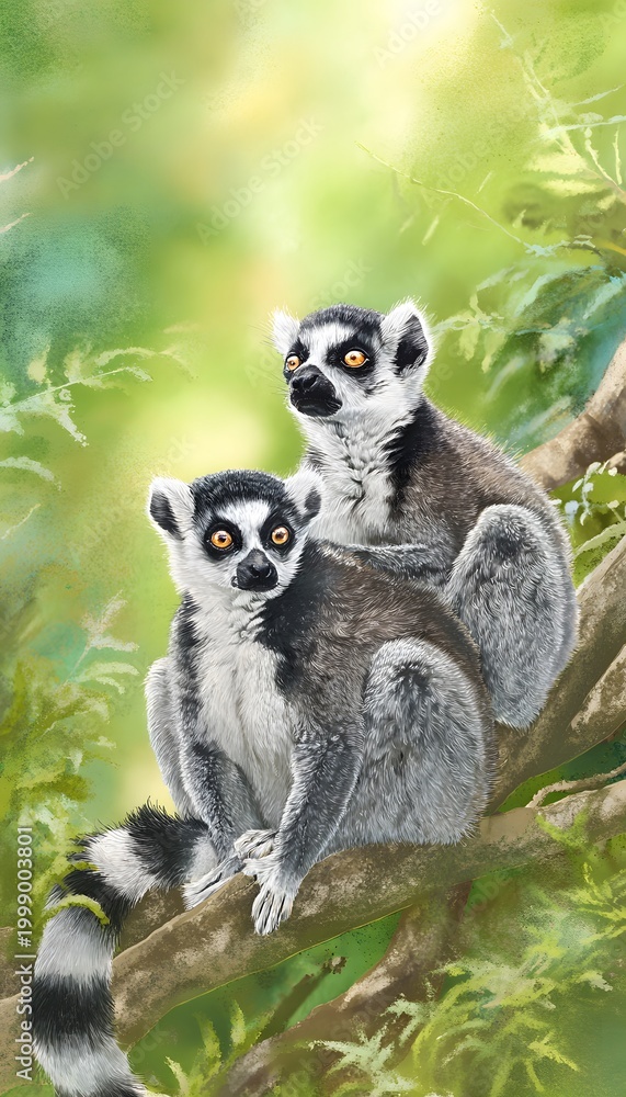 Fototapeta premium Adorable Lemurs Bathed in Gentle Jungle Light A Delicate Watercolor Wildlife Illustration