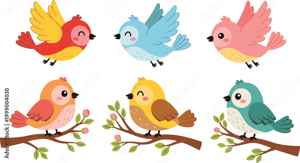 Fototapeta premium Cute colorful cartoon birds collection with flying and perched songbirds in adorable vector illustration set