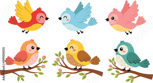Cute colorful cartoon birds collection with flying and perched songbirds in adorable vector illustration set