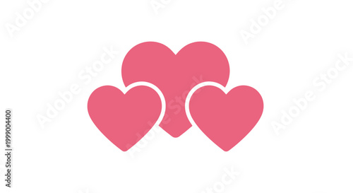 Romantic pink trio of flat heart icons for Valentine celebration, isolated on a white background, minimalist graphic illustration for wedding design and love greeting cards.