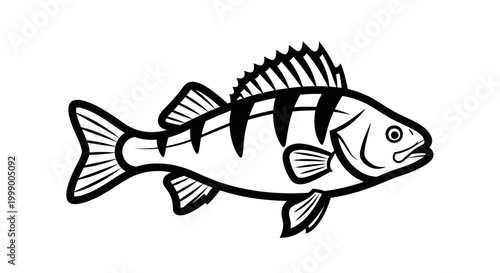 Stylized flat vector icon of a freshwater perch fish with bold filled stroke outline isolated on white background, professional graphic emblem representing river nature and aquatic wildlife.