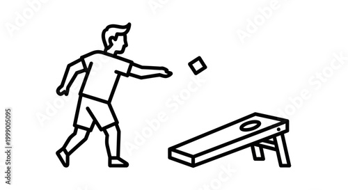A man and player aiming a bean bag at a cornhole board target during a game, isolated on white background as a flat icon design for recreational activity.