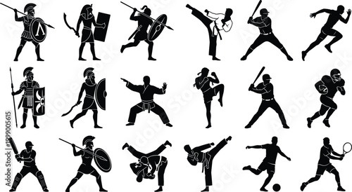 Sports and warrior silhouettes set including athletes fighters and ancient soldiers action poses isolated background