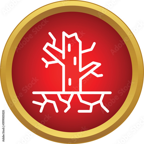 White outline of a bare tree with visible roots on parched earth, inside a red circle with a golden border