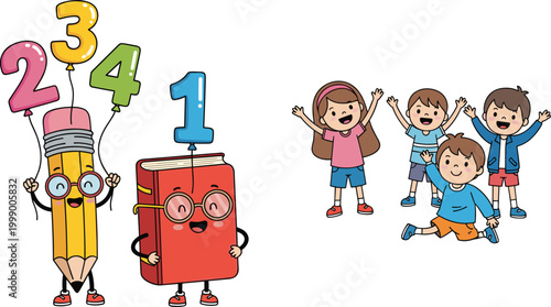 Cute education characters with numbers and happy kids cartoon vector illustration school learning fun and classroom design concept