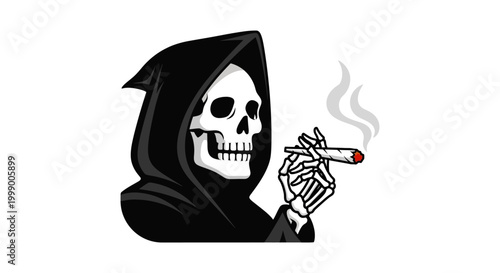 Flat vector icon of a grim reaper skeleton character smoking a cannabis joint, isolated on a white background, representing a humorous take on death and recreational marijuana culture.
