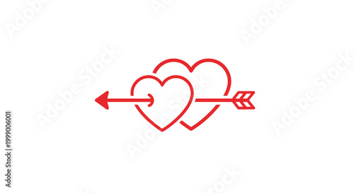 Minimalist Red Double Heart Design Pierced by Love Arrow Symbol Isolated on White Background Flat Vector Icon for Valentine Day Romance Wedding Marriage Passion and Amorous Concept Illustration