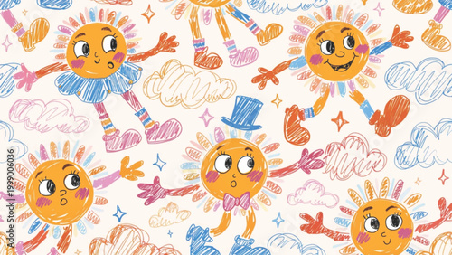 Cute seamless pattern featuring happy suns with blushing cheeks