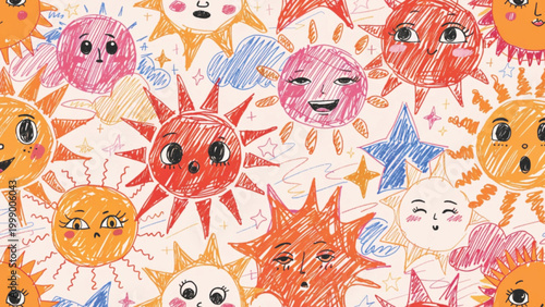 Cute seamless pattern featuring happy suns with blushing cheeks