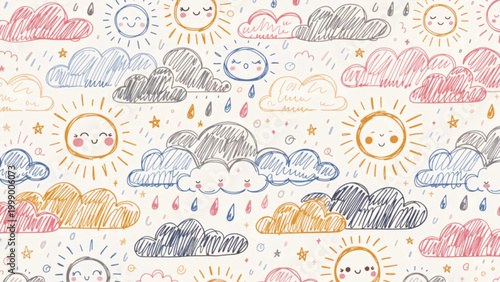 Cute seamless pattern featuring happy suns with blushing cheeks