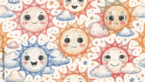 Cute seamless pattern featuring happy suns with blushing cheeks