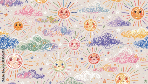 Cute seamless pattern featuring happy suns with blushing cheeks