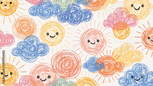 Cute seamless pattern featuring happy suns with blushing cheeks