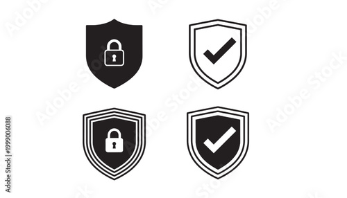 Shield icons set with lock and checkmark symbols in black and white featuring security, protection, icon with symbol and padlock elements for tick,