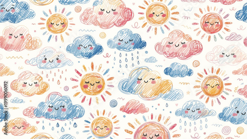 Cute seamless pattern featuring happy suns with blushing cheeks