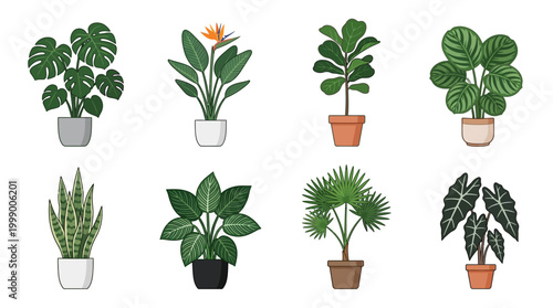 Pixel Art Houseplants Collection: Tropical Plants in Pots, Vector Illustration
