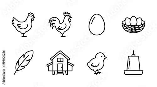 Farm Animal Icons: Chicken, Rooster, Chick, Egg, Nest, Coop, Feather, Feeder