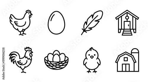 Farm Animal Icons: Chicken, Egg, Chick, Feather, Coop, Barn