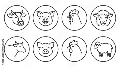 Farm Animals Icons Set: Cow, Pig, Chicken, Sheep - Simple Line Art Circular Emblems