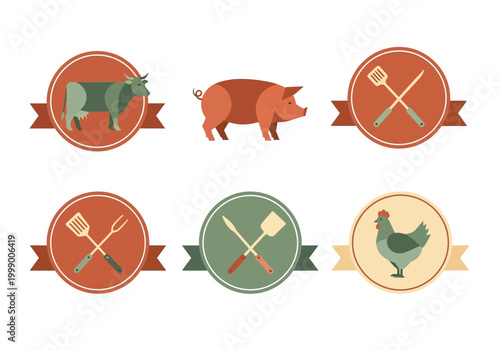 Vintage Butchery and BBQ Grill Logo Badge Set with Cow, Pig, and Chicken Icons for Restaurant and Meat Shop Branding