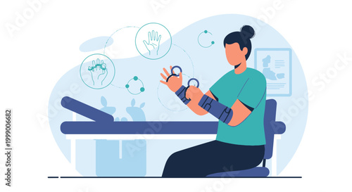 Person with prosthetic arms undergoing rehabilitation, focusing on hand movement and control