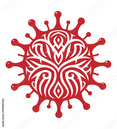 Stylized Red Virus Shape with Intricate White Ornamental Pattern
